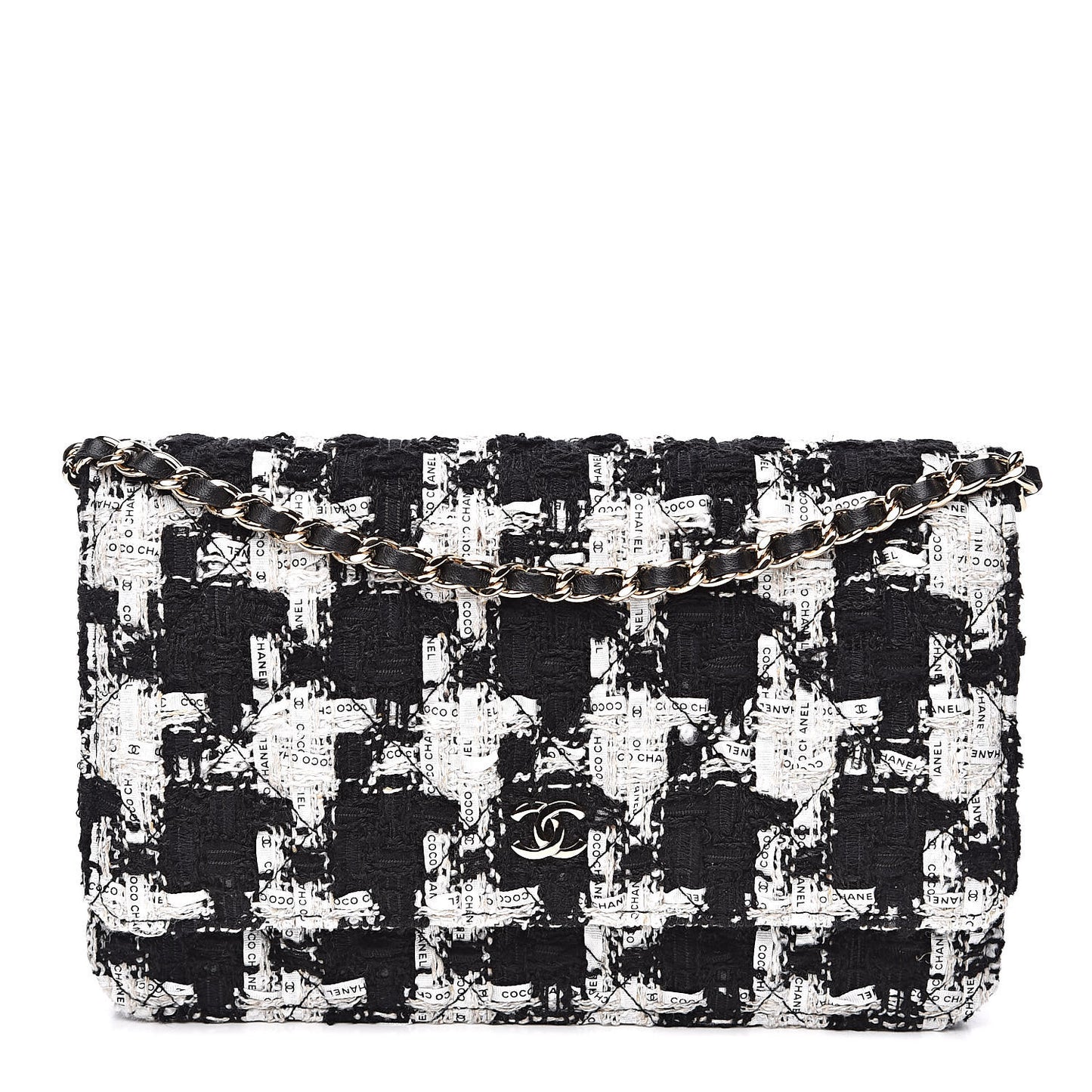 Tweed Quilted Wallet On Chain WOC Black Ecru White