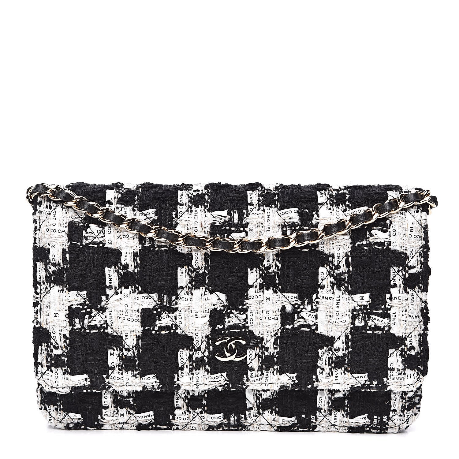 Chanel Tweed Quilted Wallet On Chain WOC Black Ecru White 1 of 11
