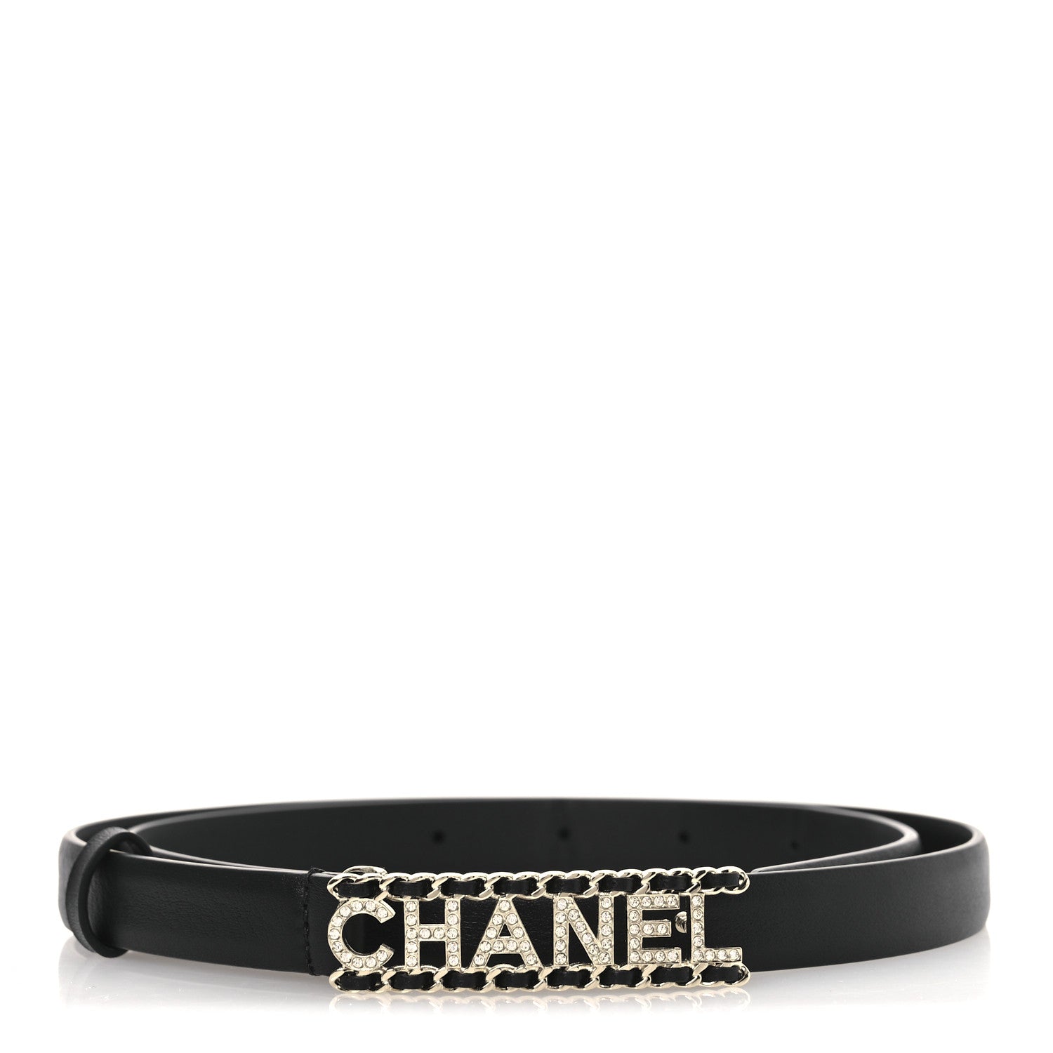 Chanel Calfskin Crystal Chain Logo Belt 75 30 Black 1 of 8