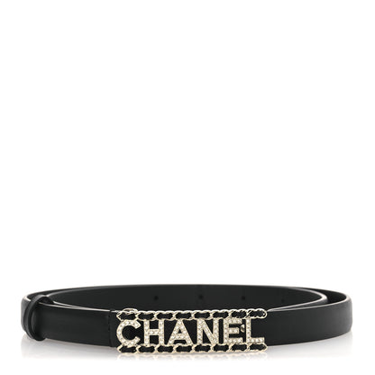Chanel Calfskin Crystal Chain Logo Belt 75 30 Black 1 of 8