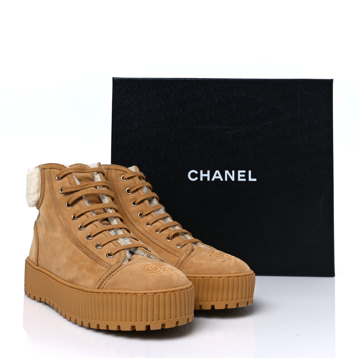 Kid Suede Shearling Sheepskin Lace Up Boots 41 Beige Ivory