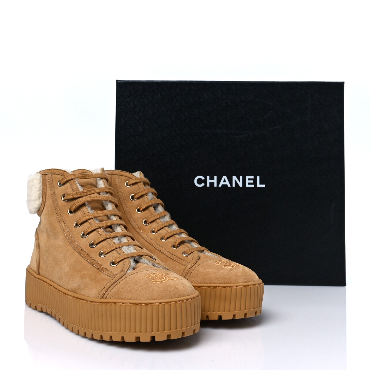 Chanel Kid Suede Shearling Sheepskin Lace Up Boots 41 Beige Ivory 8 of 8