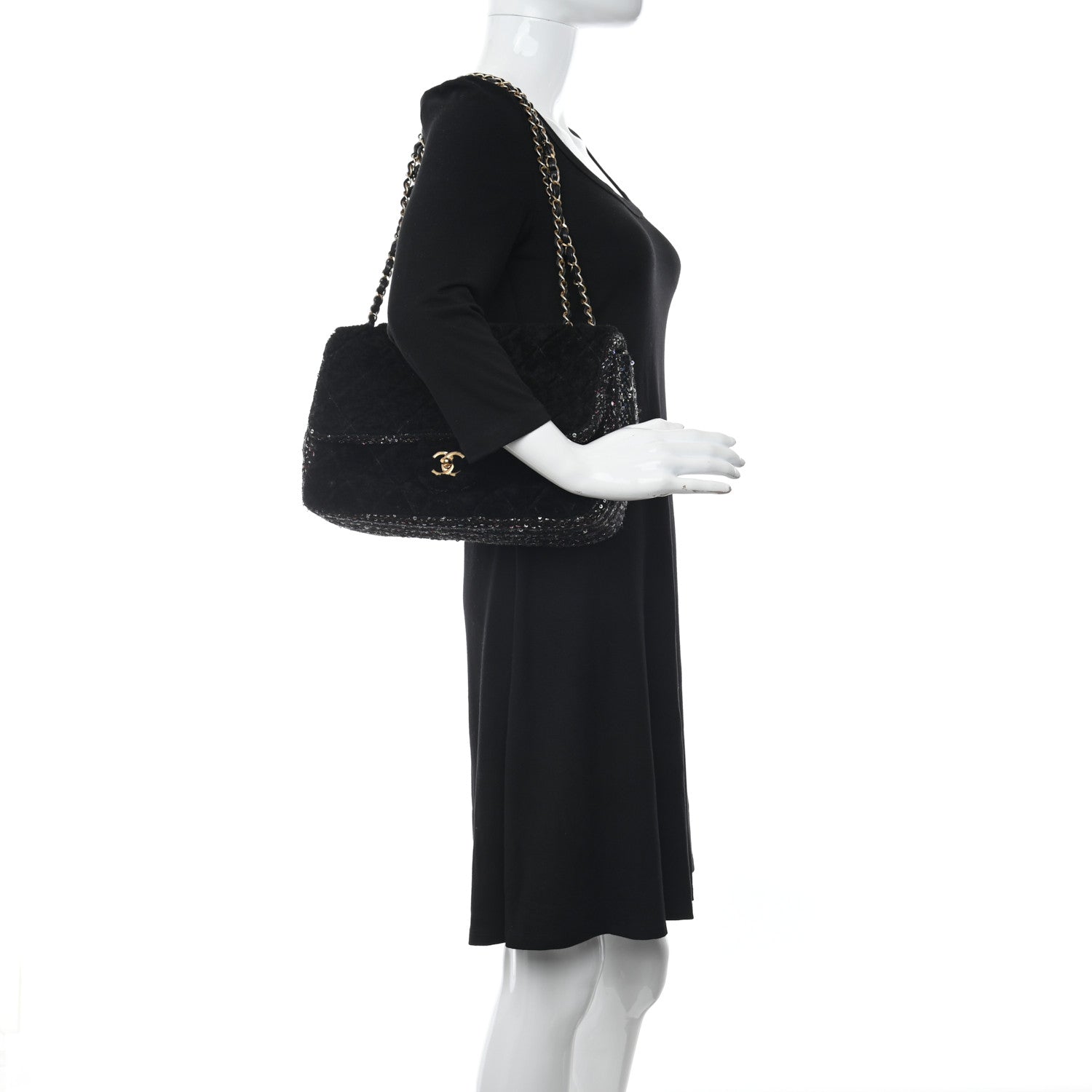Chanel Shearling Sequin Tweed Quilted Jumbo Flap Black 2 of 14