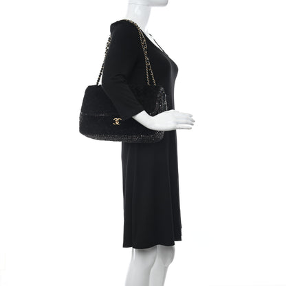 Chanel Shearling Sequin Tweed Quilted Jumbo Flap Black 2 of 14