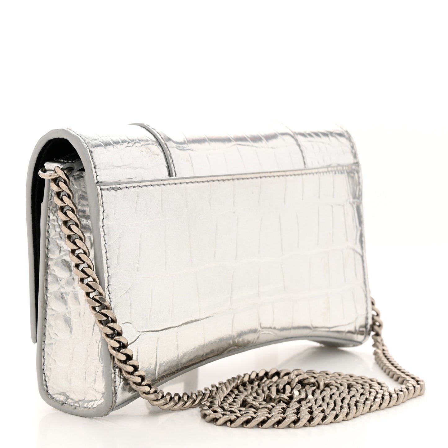 Metallic Calfskin Crocodile Embossed Hourglass Chain Bag Silver