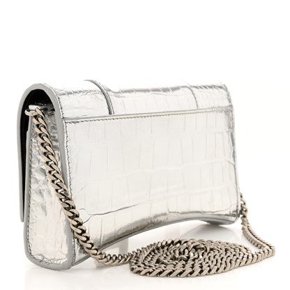 Balenciaga Metallic Calfskin Crocodile Embossed Hourglass Chain Bag Silver 3 of 13
