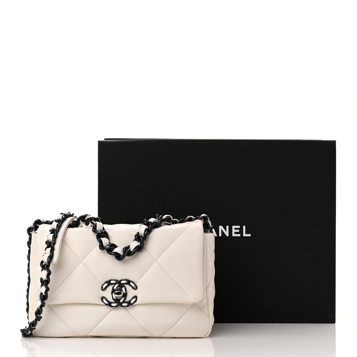 Glossy Calfskin Quilted Medium Chanel 19 Flap White Black