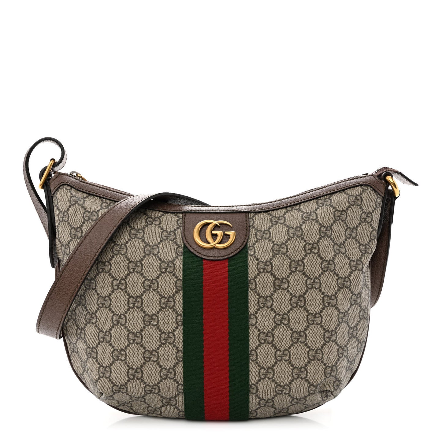 GG Supreme Monogram Textured Dollar Calfskin Web Small Ophidia Half Moon Hobo Beige Ebony New Acero