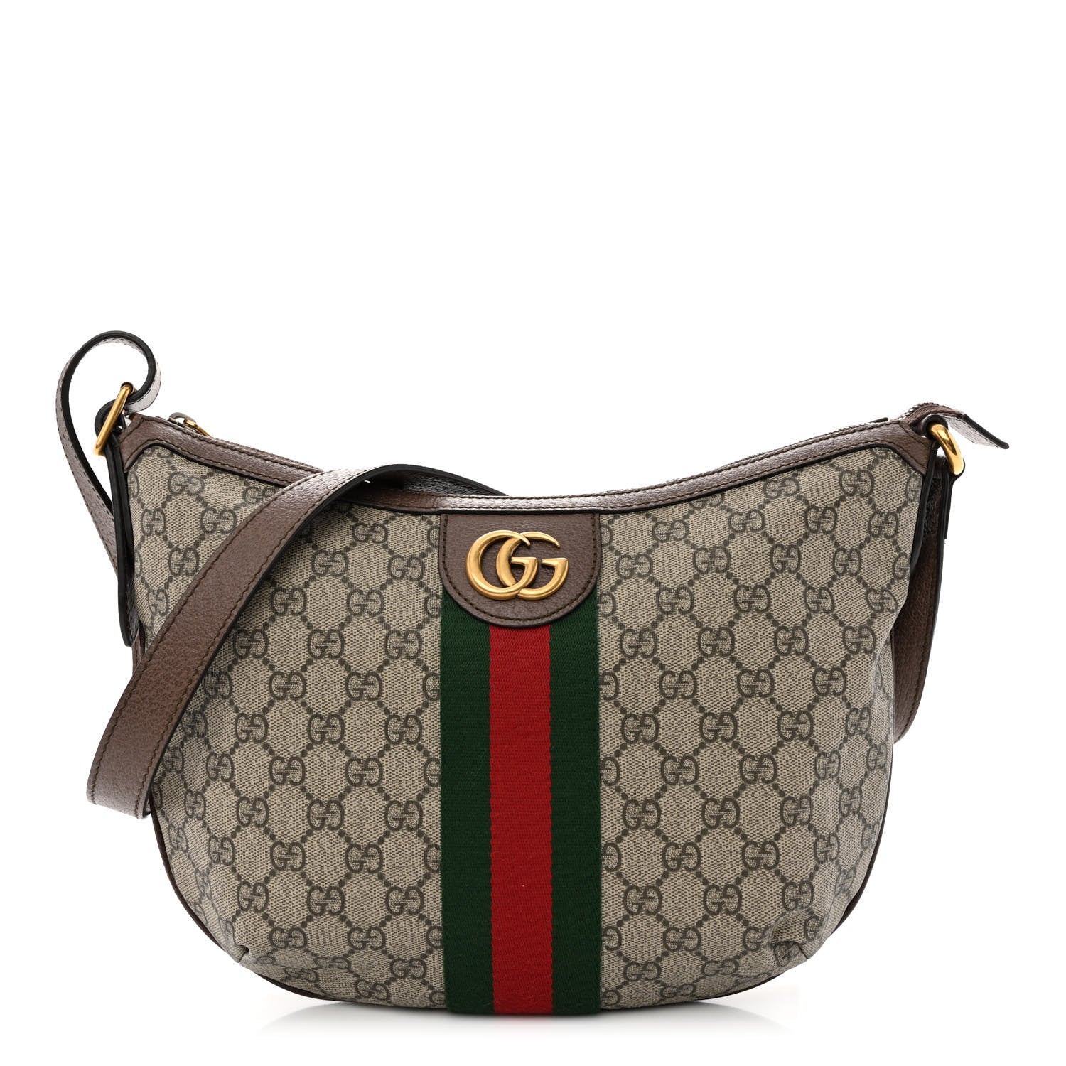 Gucci GG Supreme Monogram Textured Dollar Calfskin Web Small Ophidia Half Moon Hobo Beige Ebony New Acero 1 of 13