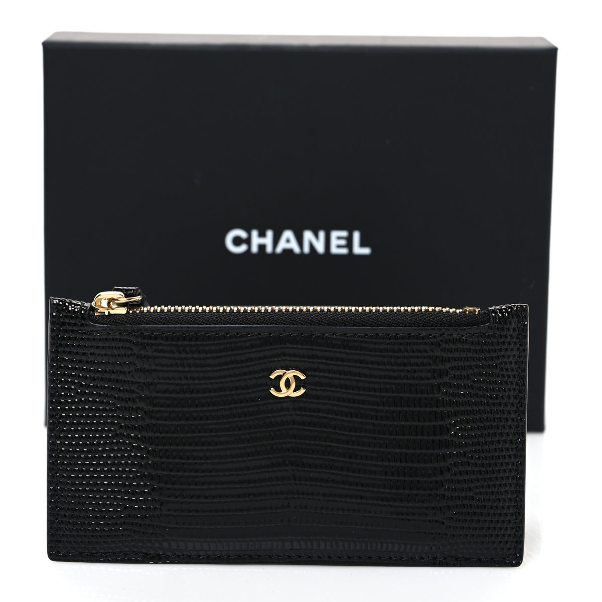 Chanel Calfskin Lizard Embossed Zip Card Holder Black 8 of 8
