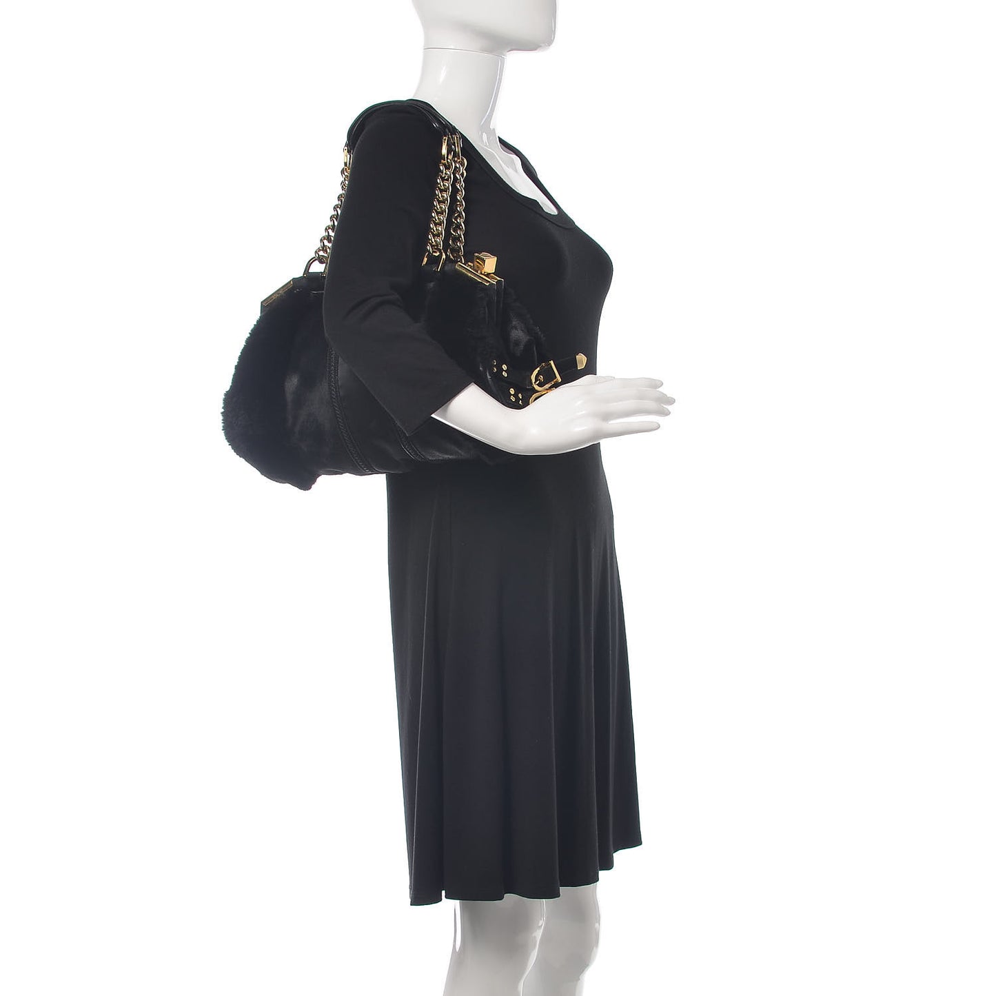 Fur Satin Chain Shoulder Bag Black