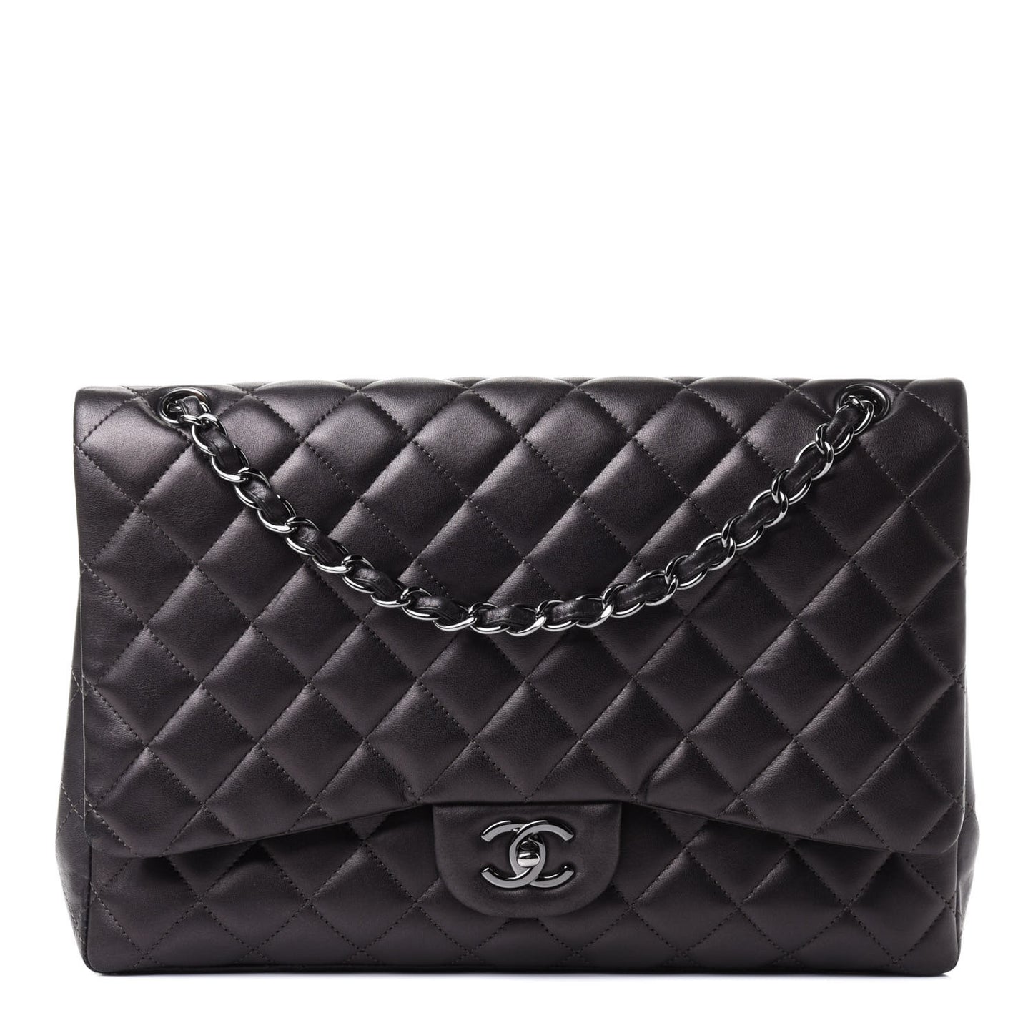 Metallic Lambskin Quilted Maxi Single Flap Grey