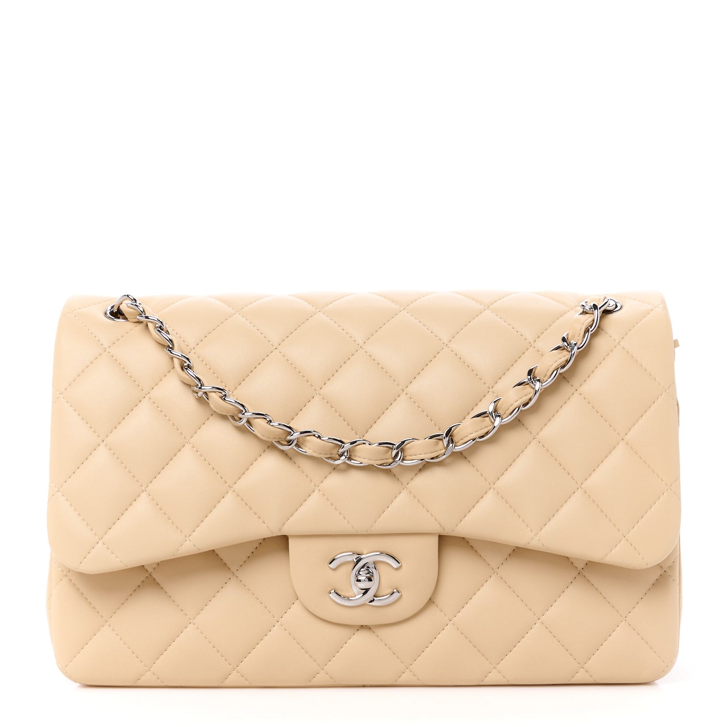 Lambskin Quilted Jumbo Double Flap Light Beige
