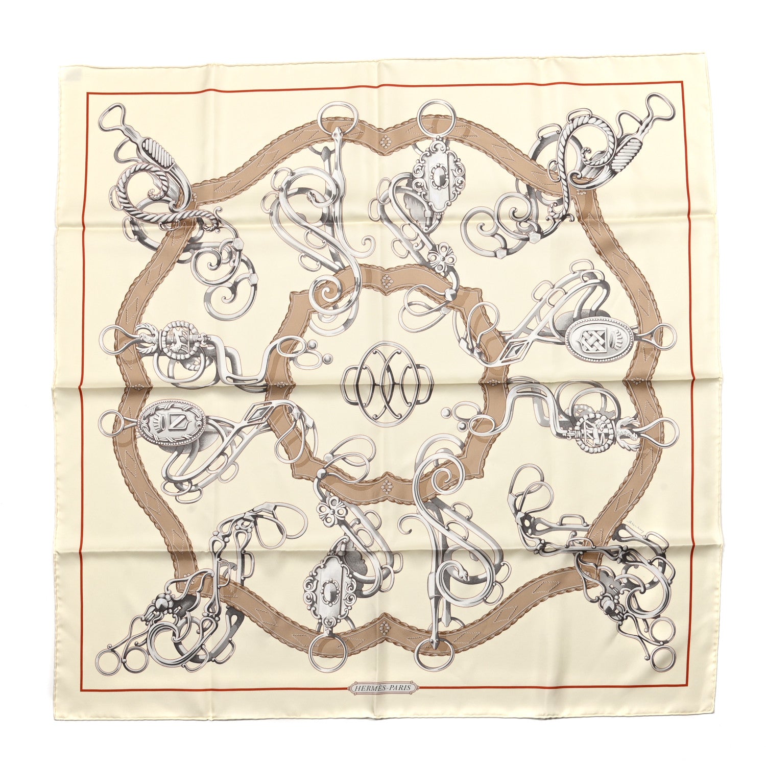 Hermes Silk Lift Profile Scarf 90 Creme Beige Gris 1 of 5