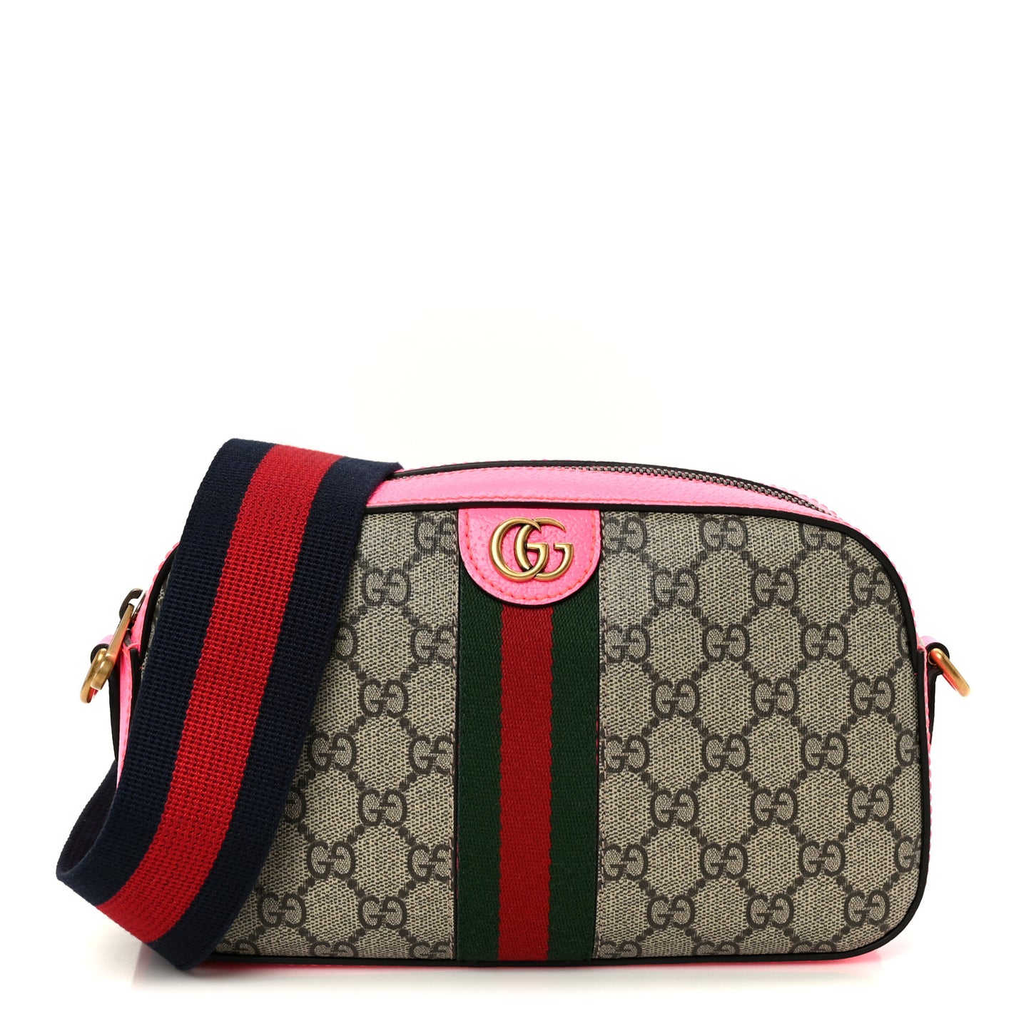 GG Supreme Monogram Textured Dollar Calfskin Web Ophidia Small Crossbody Bag Beige Ebony Fuchsia