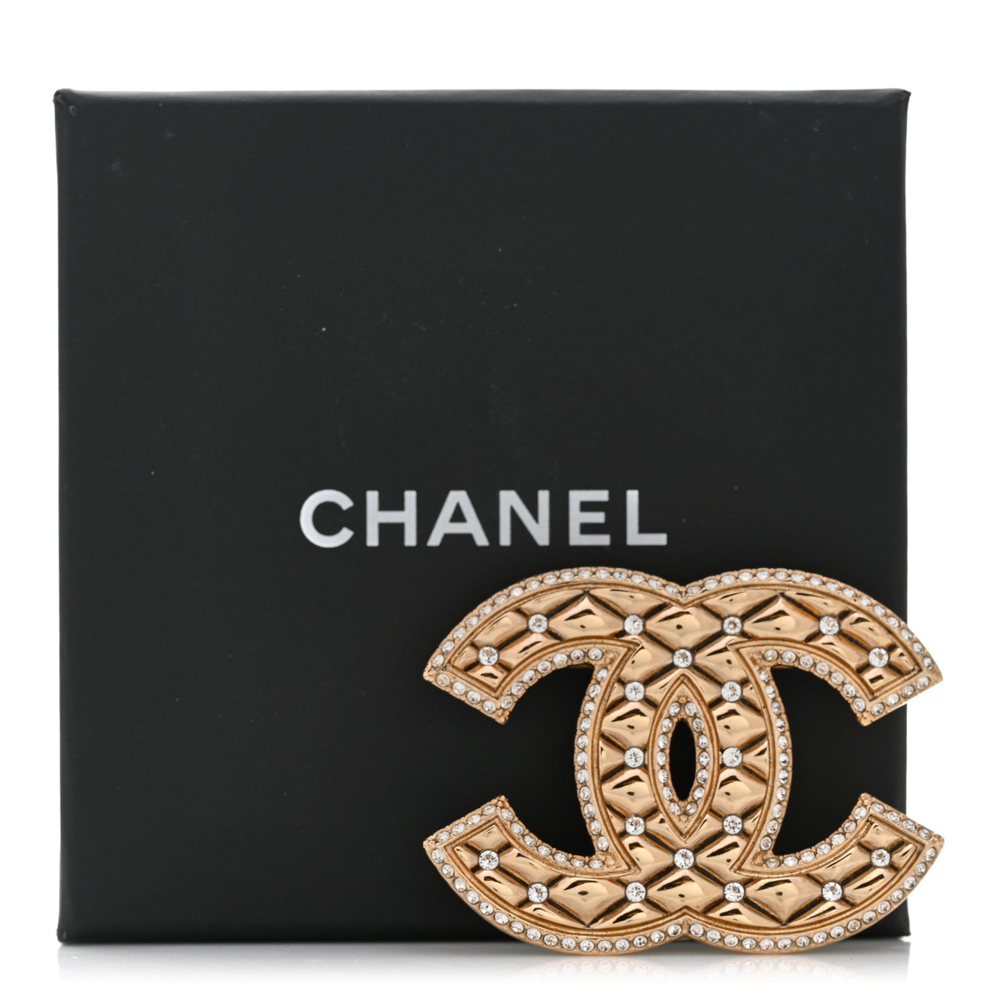 Crystal Quilted CC Brooch Gold