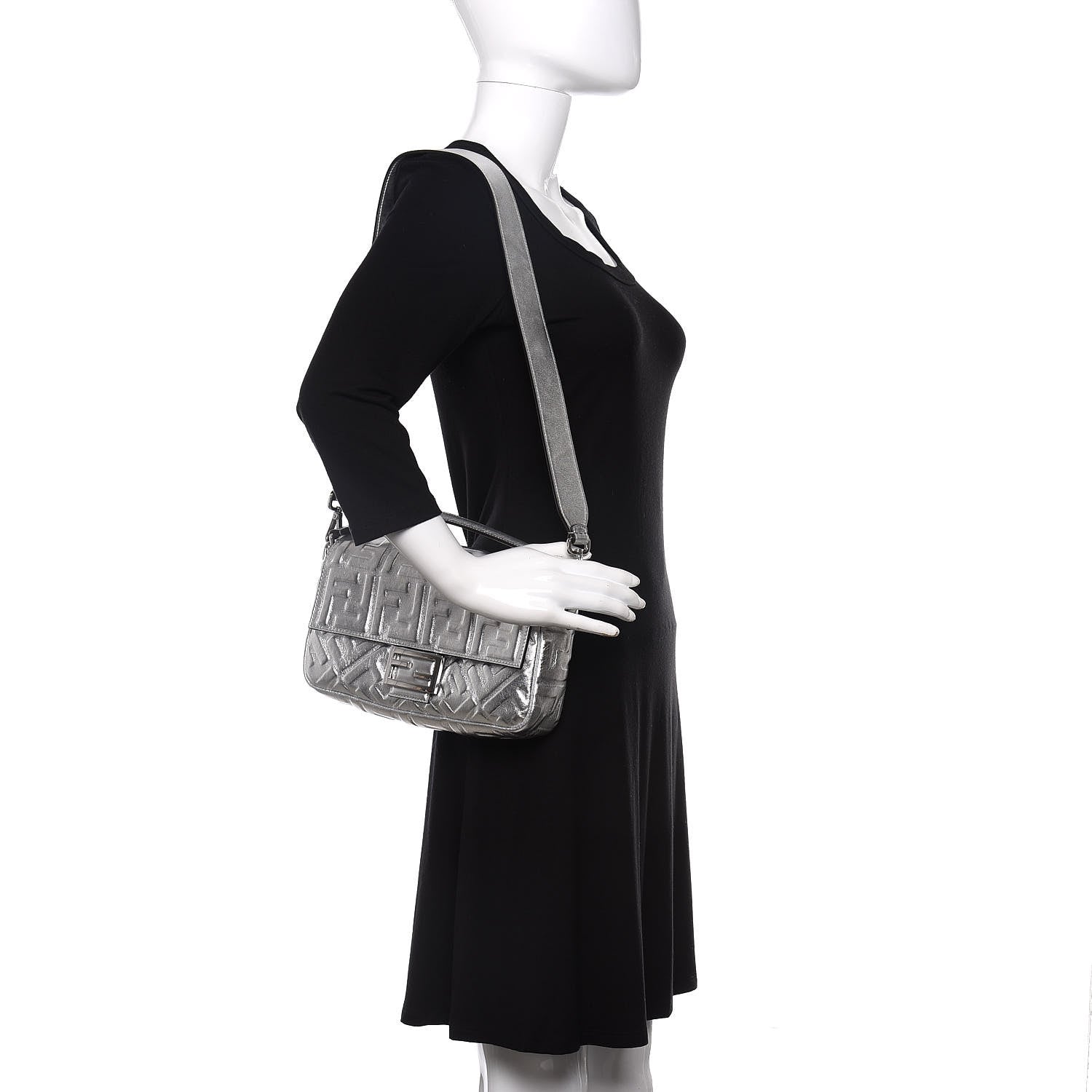 Fendi Vitello Catalan Mirror FF 1974 Embossed Baguette Argento 2 of 10