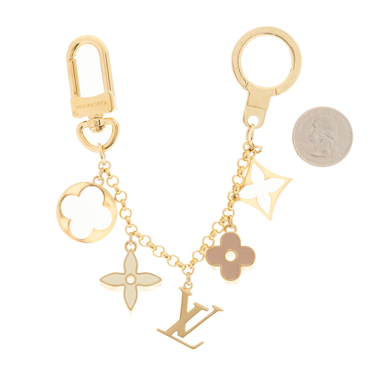 Brass Enamel Fleur De Monogram Bag Charm Chain Gold