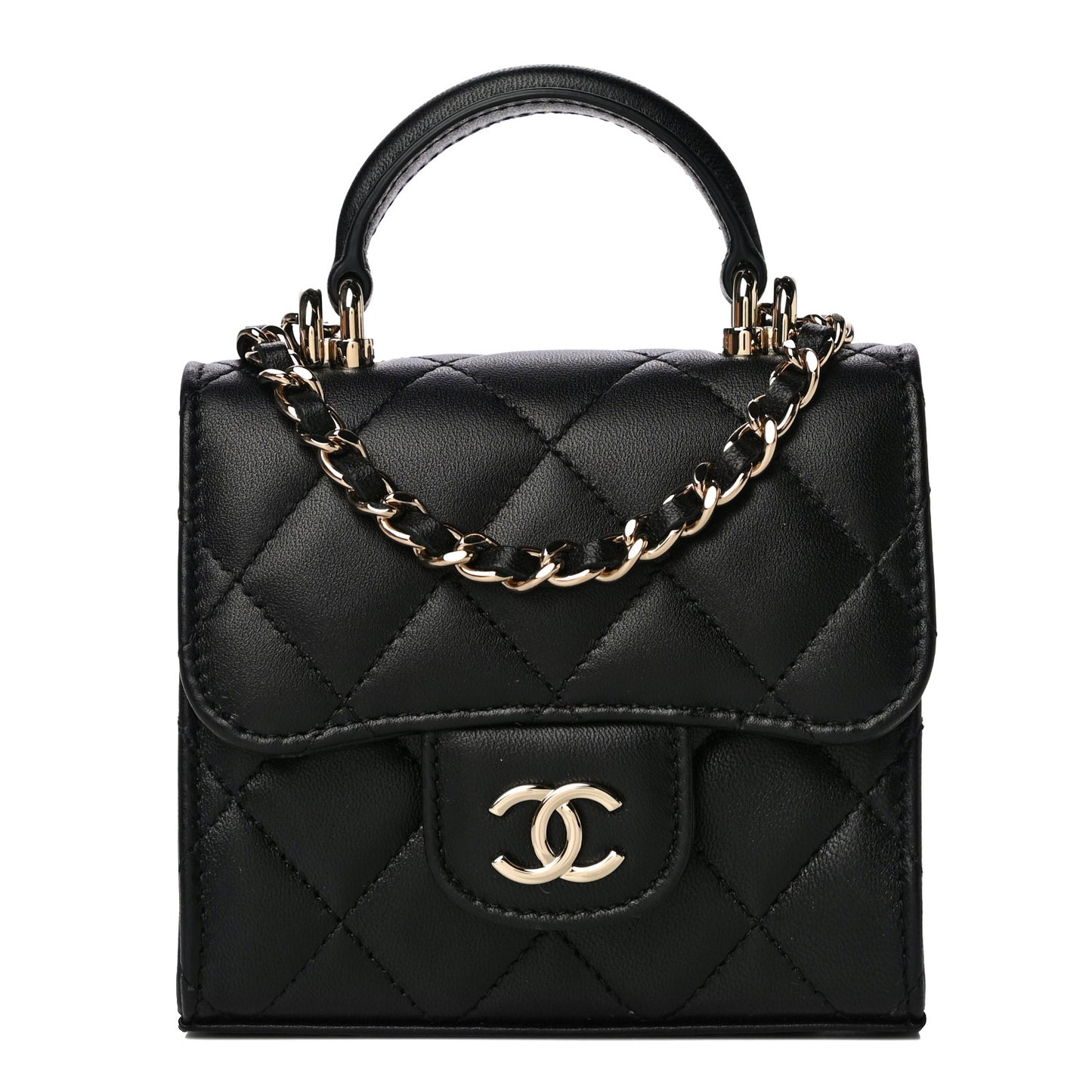 Lambskin Quilted Top Handle Flap Clutch With Chain Black