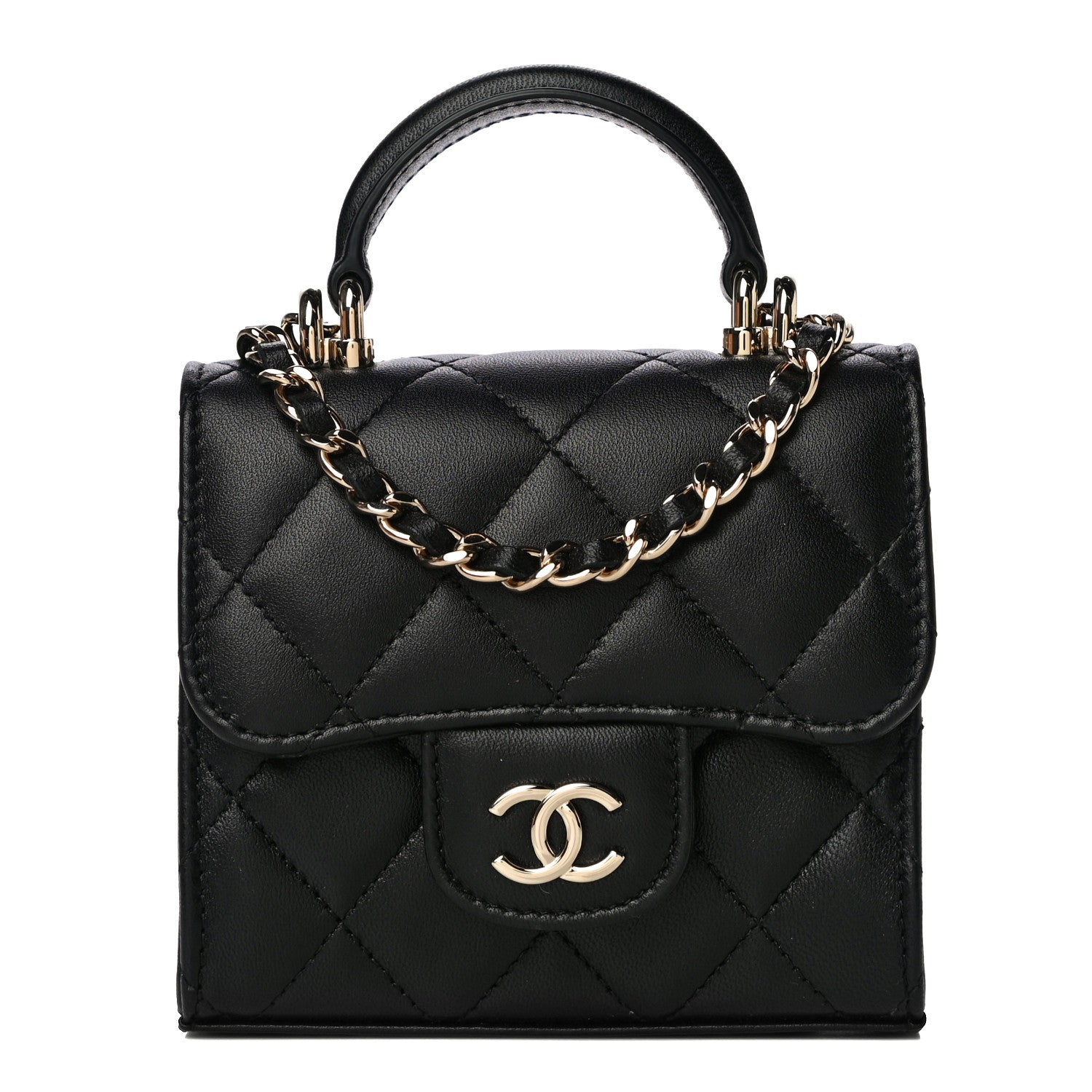 Chanel Lambskin Quilted Top Handle Flap Clutch With Chain Black 1 of 12