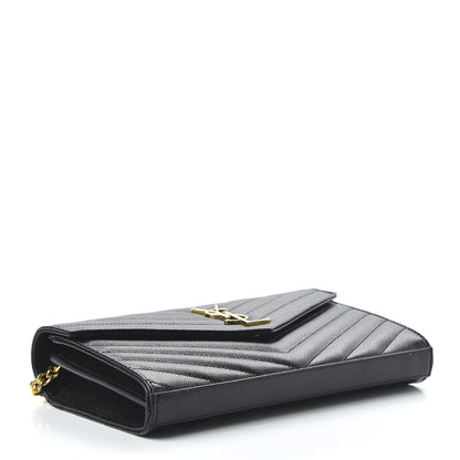 Saint Laurent Grain De Poudre Matelasse Chevron Monogram Chain Wallet Black 4 of 9