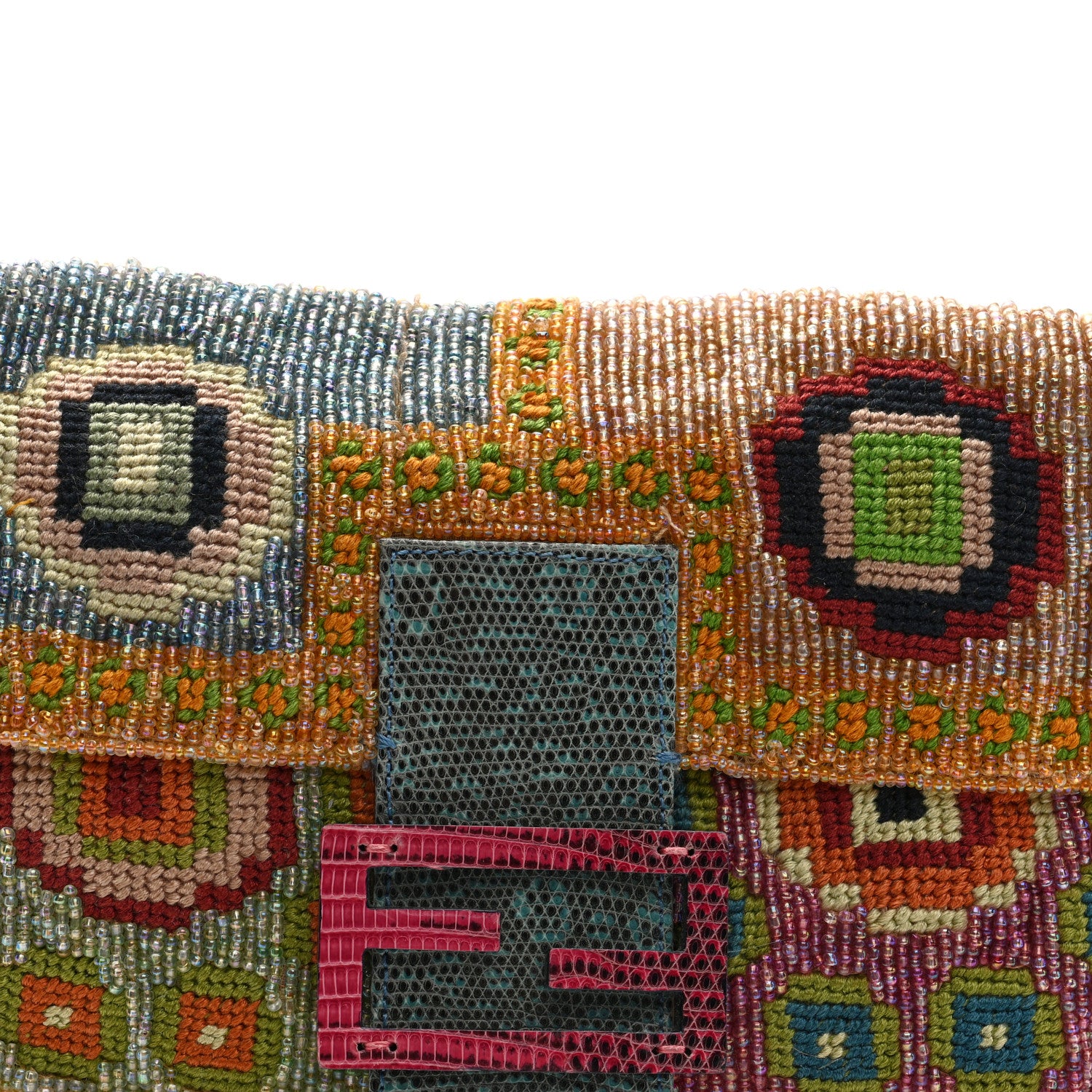 Fendi Wool Embroidered Beaded Lizard Baguette Multicolor 7 of 9