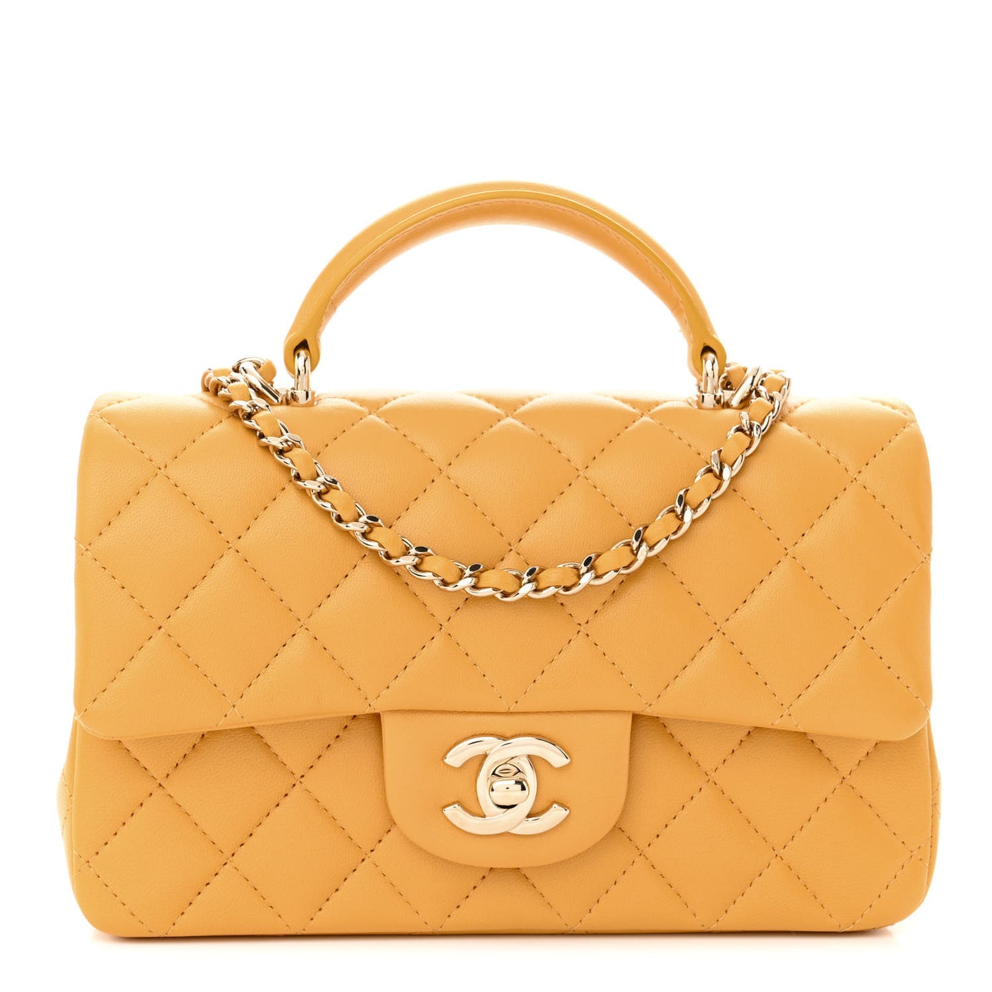 Lambskin Quilted Mini Top Handle Rectangular Flap Yellow