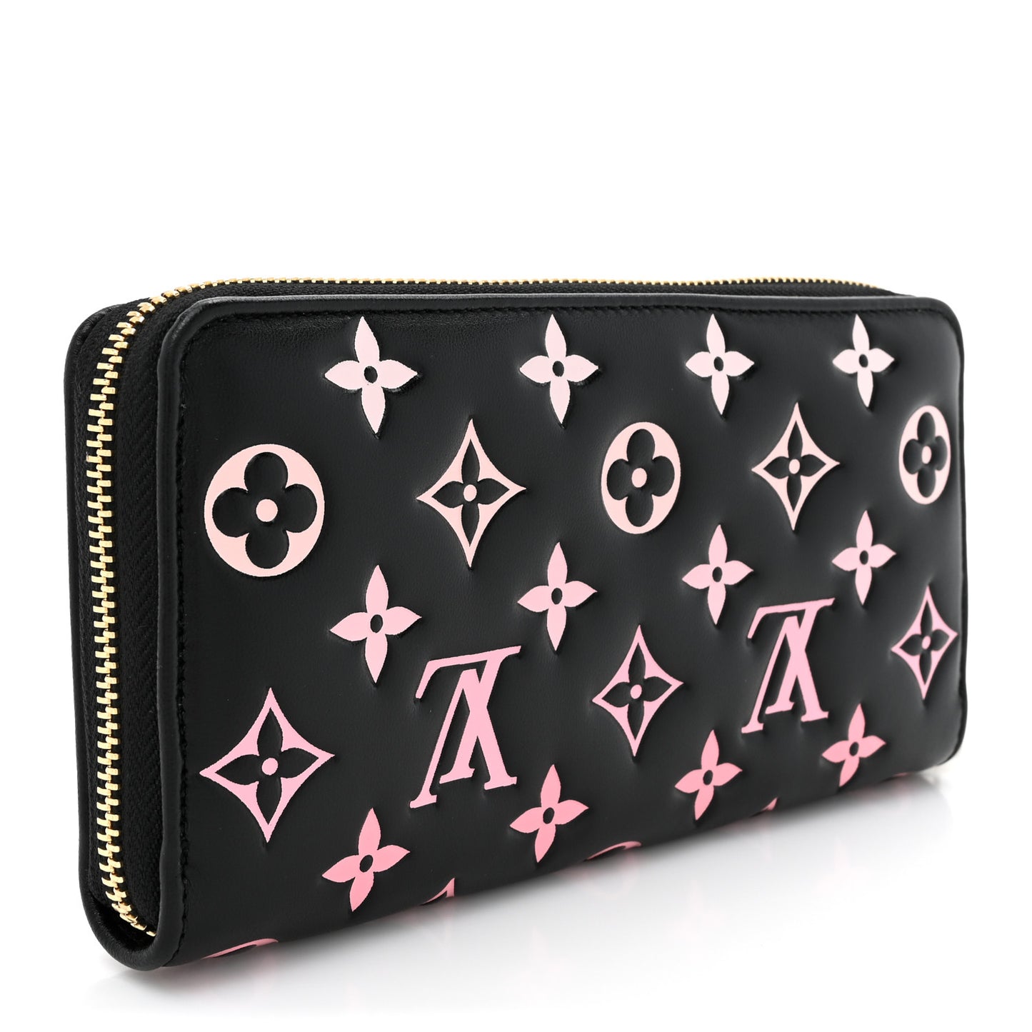 Lambskin Embossed Monogram LV Ski Coussin Zippy Wallet Black Pink