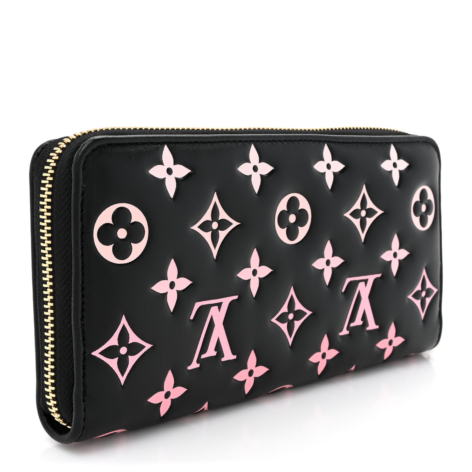 Louis Vuitton Lambskin Embossed Monogram LV Ski Coussin Zippy Wallet Black Pink 3 of 8