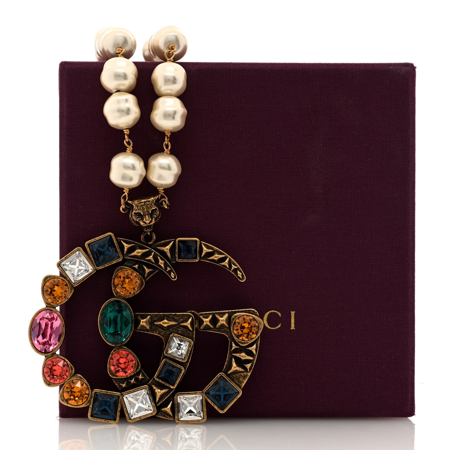 Crystal Pearl Double G Necklace Aged Gold Multicolor
