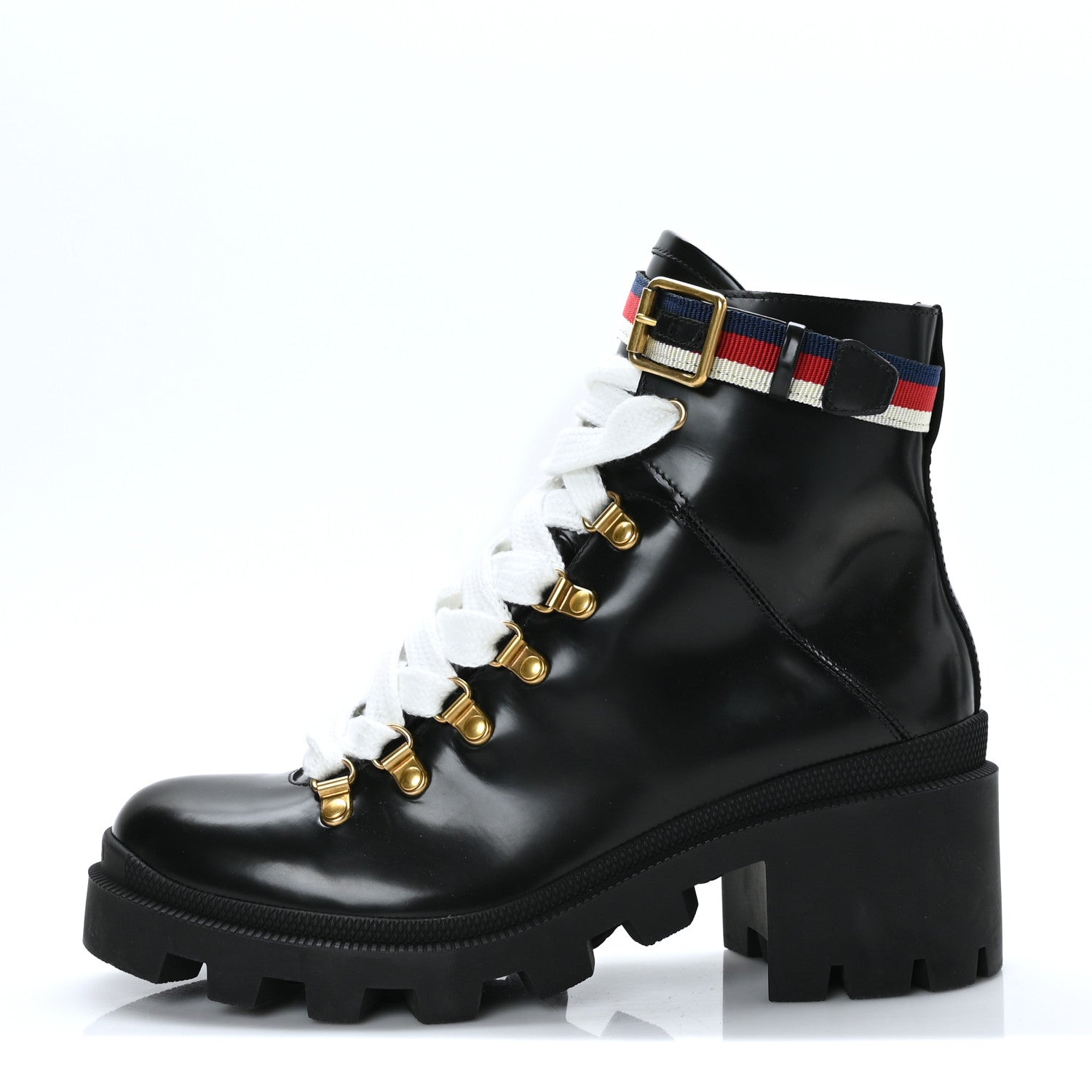 Gucci Calfskin Sylvie Web Womens Lace Up Combat Boots 38 Black 1 of 7