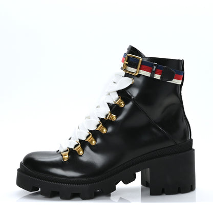 Gucci Calfskin Sylvie Web Womens Lace Up Combat Boots 38 Black 1 of 7