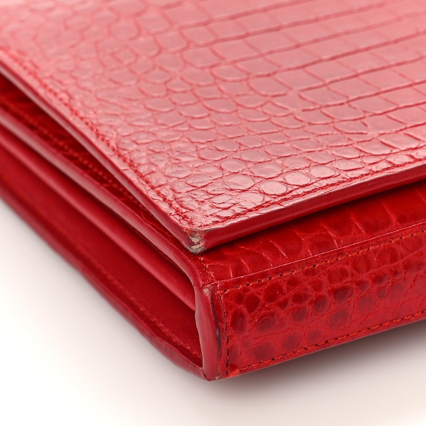 Calfskin Crocodile Embossed Monogram Chain Wallet New Lipstick Red