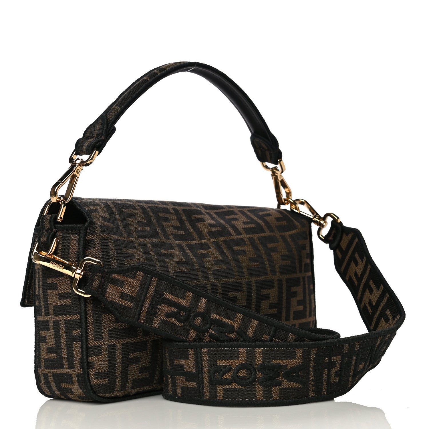 Fendi Fabric Jacquard FF 1974 Medium Baguette Tobacco Moro Black 3 of 12