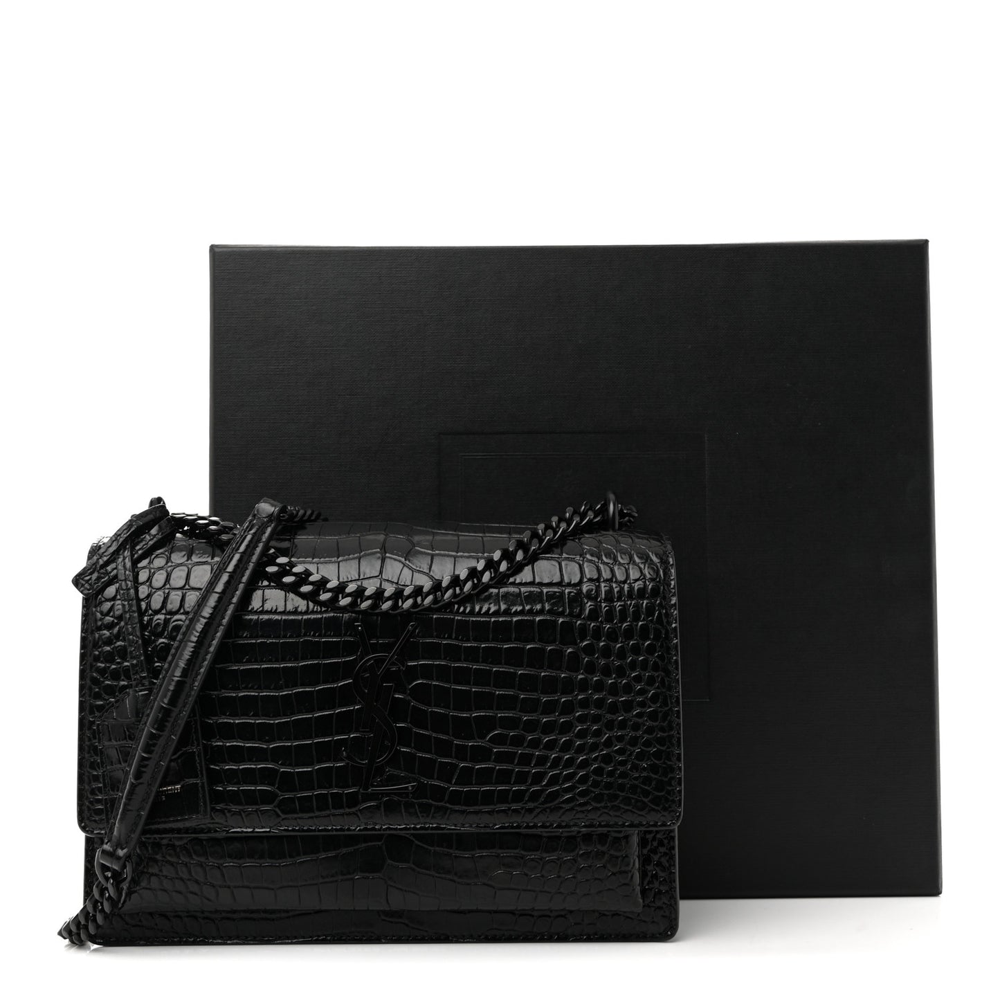 Calfskin Crocodile Embossed Medium Monochrome Monogram Sunset Black