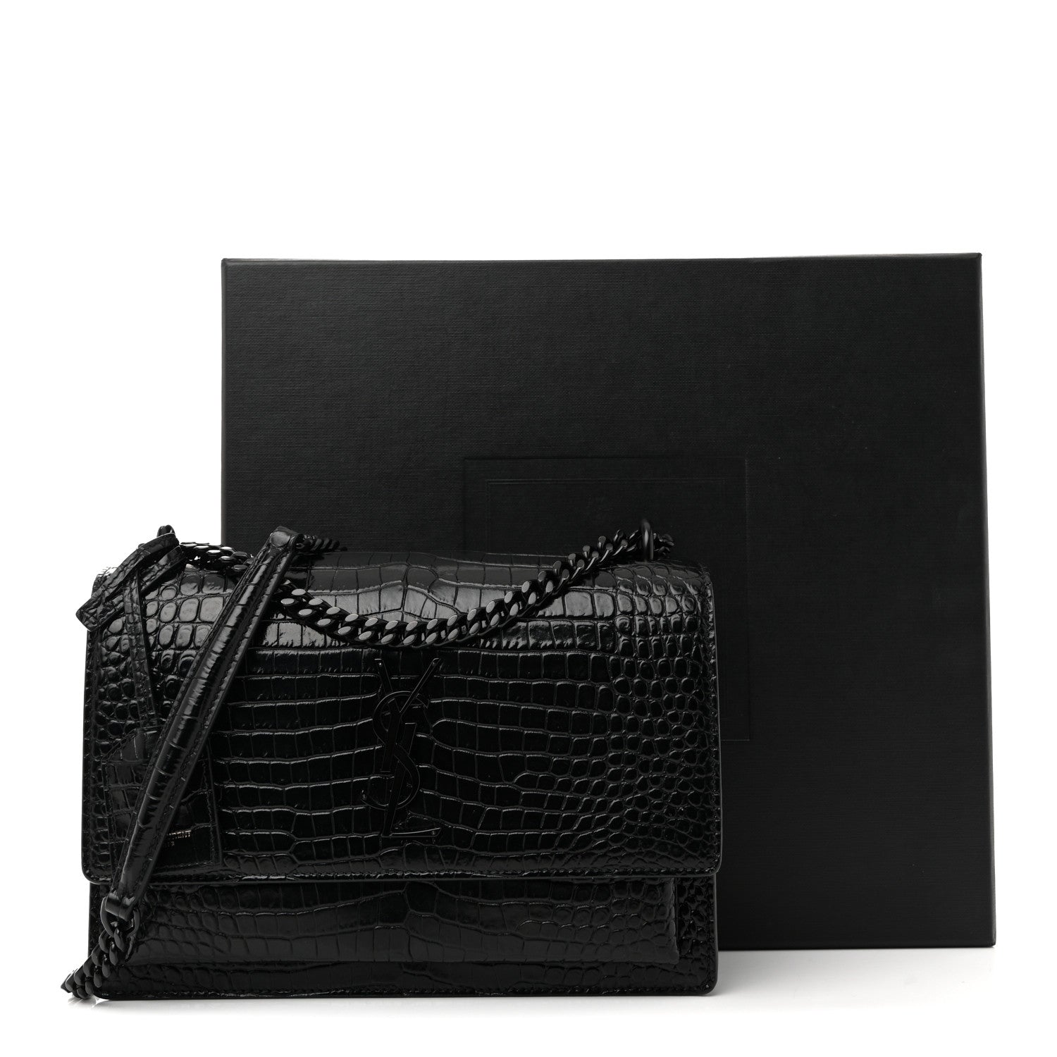 Saint Laurent Calfskin Crocodile Embossed Medium Monochrome Monogram Sunset Black 12 of 12
