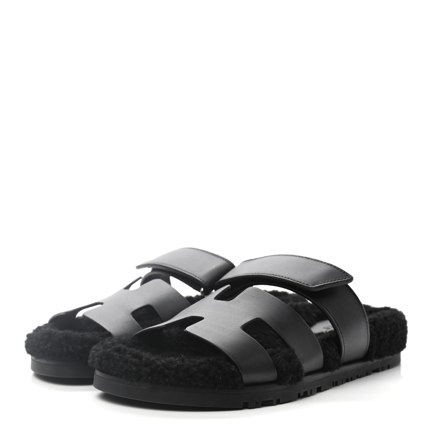 Hermes Calfskin Woolskin Womens Chypre Sandals 36.5 Black 3 of 9