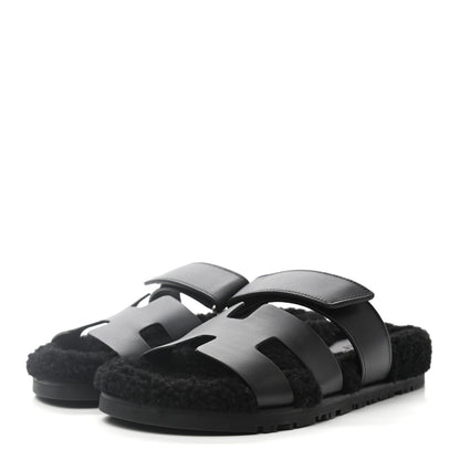 Hermes Calfskin Woolskin Womens Chypre Sandals 36.5 Black 3 of 9