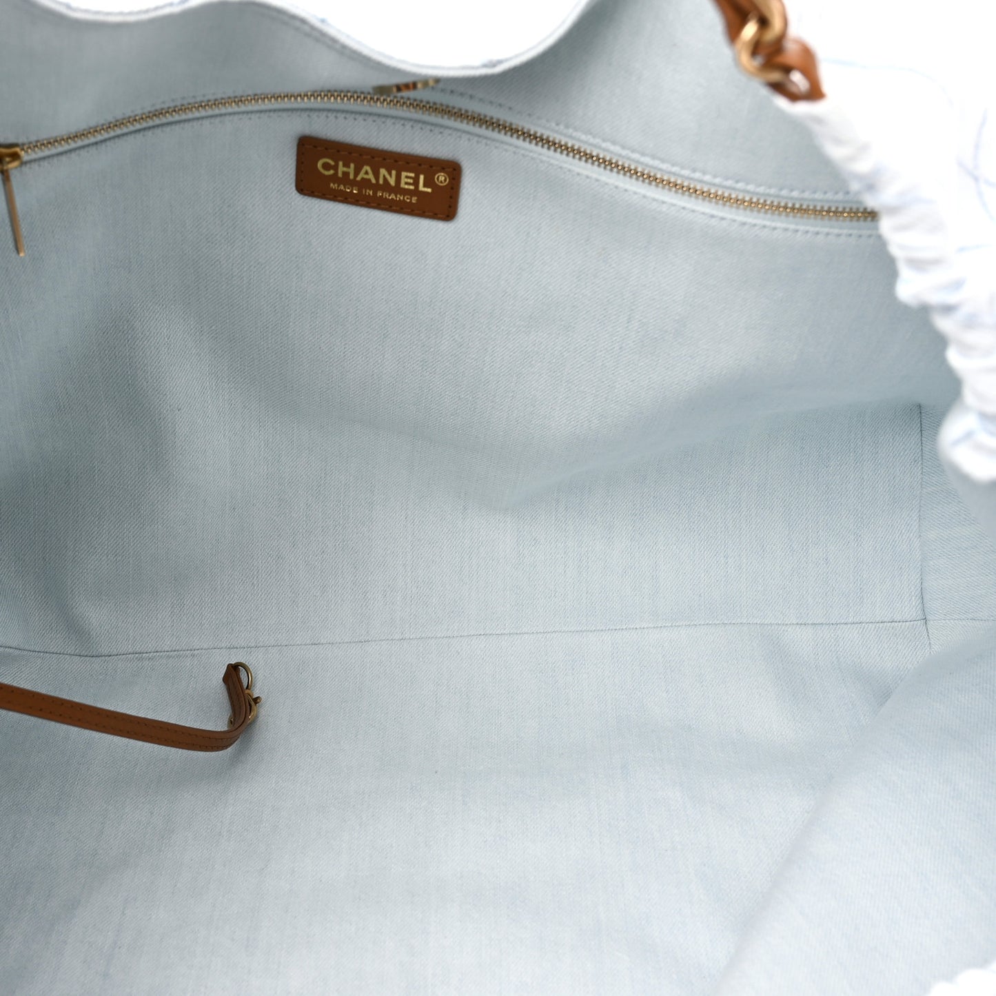 Denim Calfskin Quilted Coco Beach Small Shopping Tote Light Blue Brown