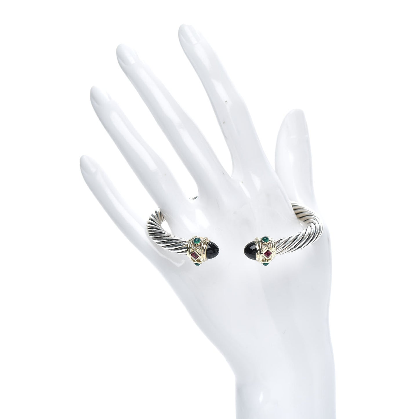 Sterling Silver 14K Yellow Gold Black Onyx Pink Tourmaline Green Onyx 7mm Cable Renaissance Bracelet