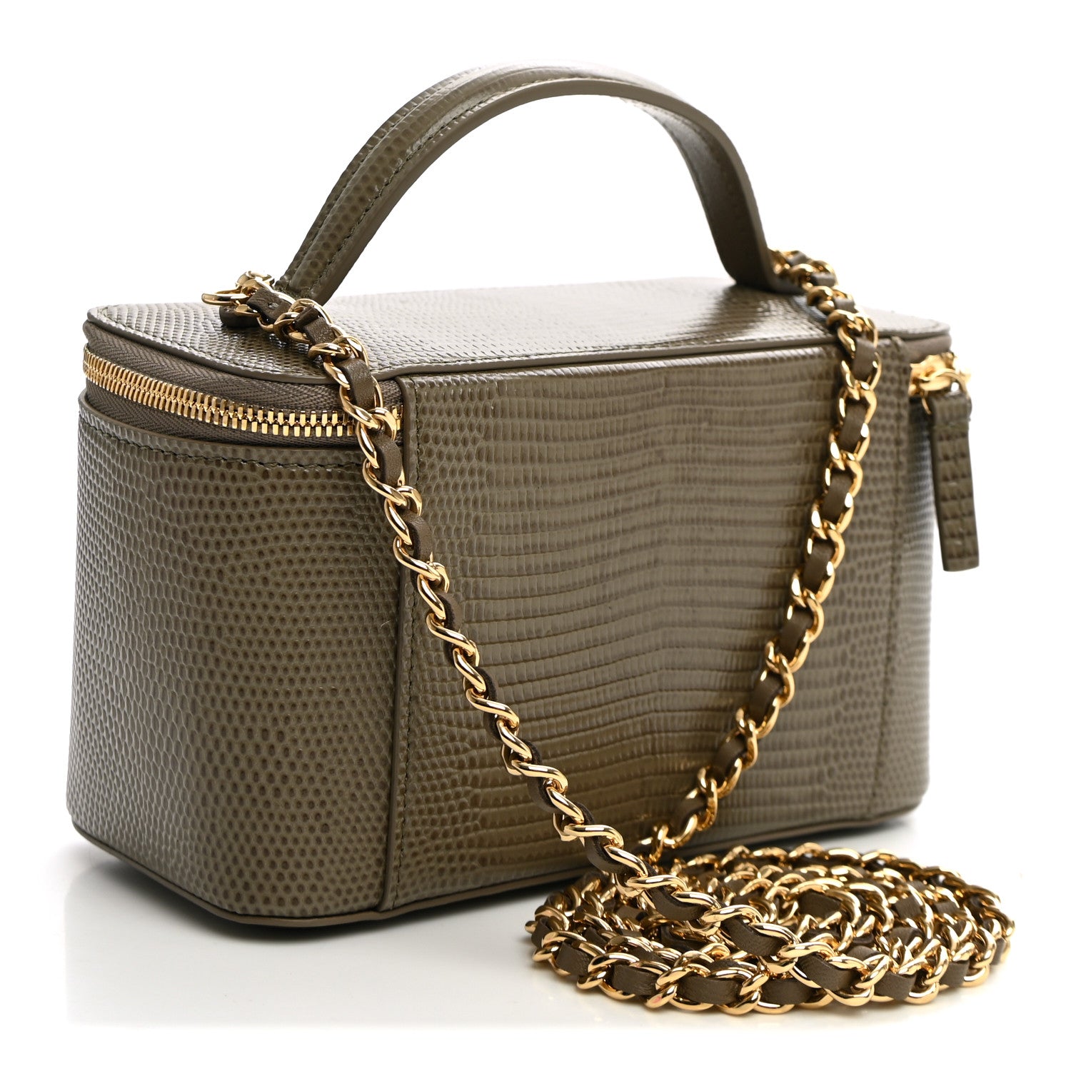 Chanel Calfskin Lizard Embossed Top Handle Slim Vanity With Chain  Dark Khaki 2 of 10