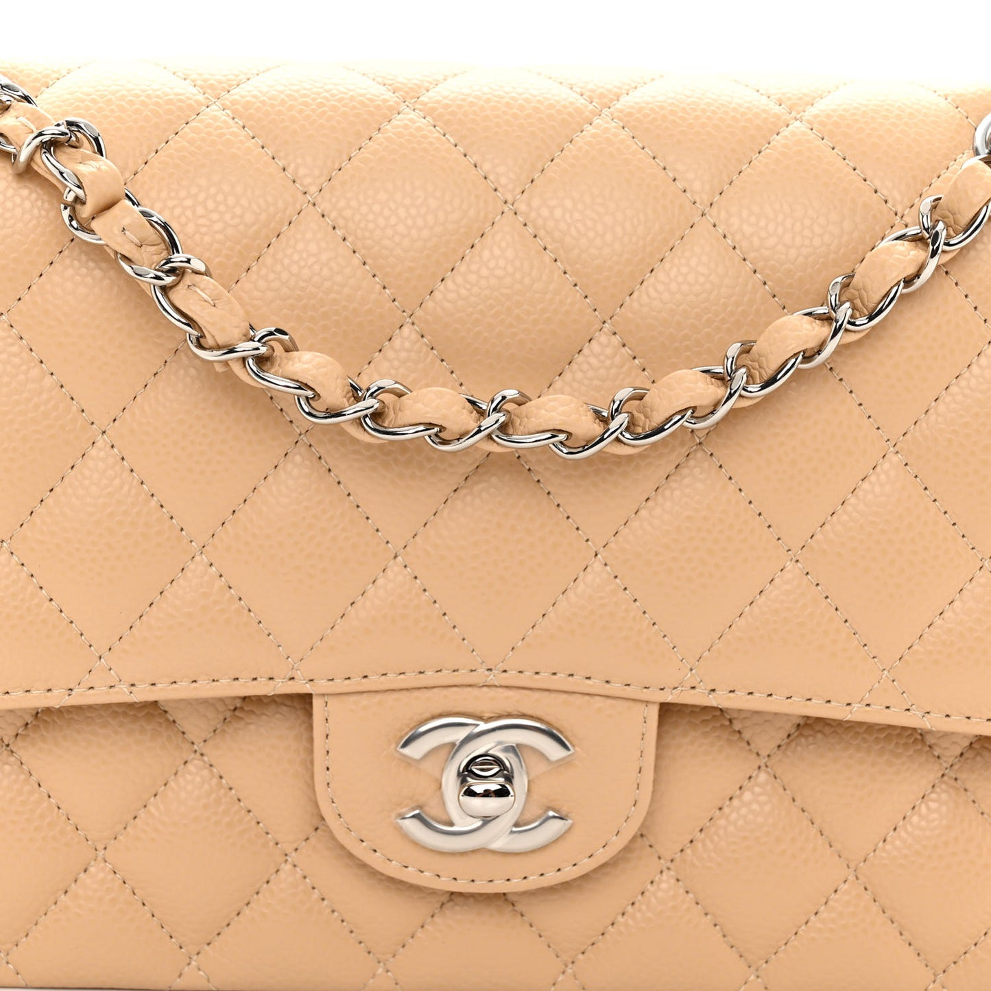 Caviar Quilted Medium Double Flap Beige