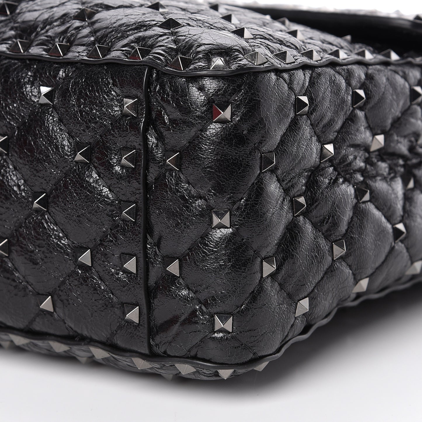 Craquele Nappa Large Rockstud Spike Shoulder Bag Black