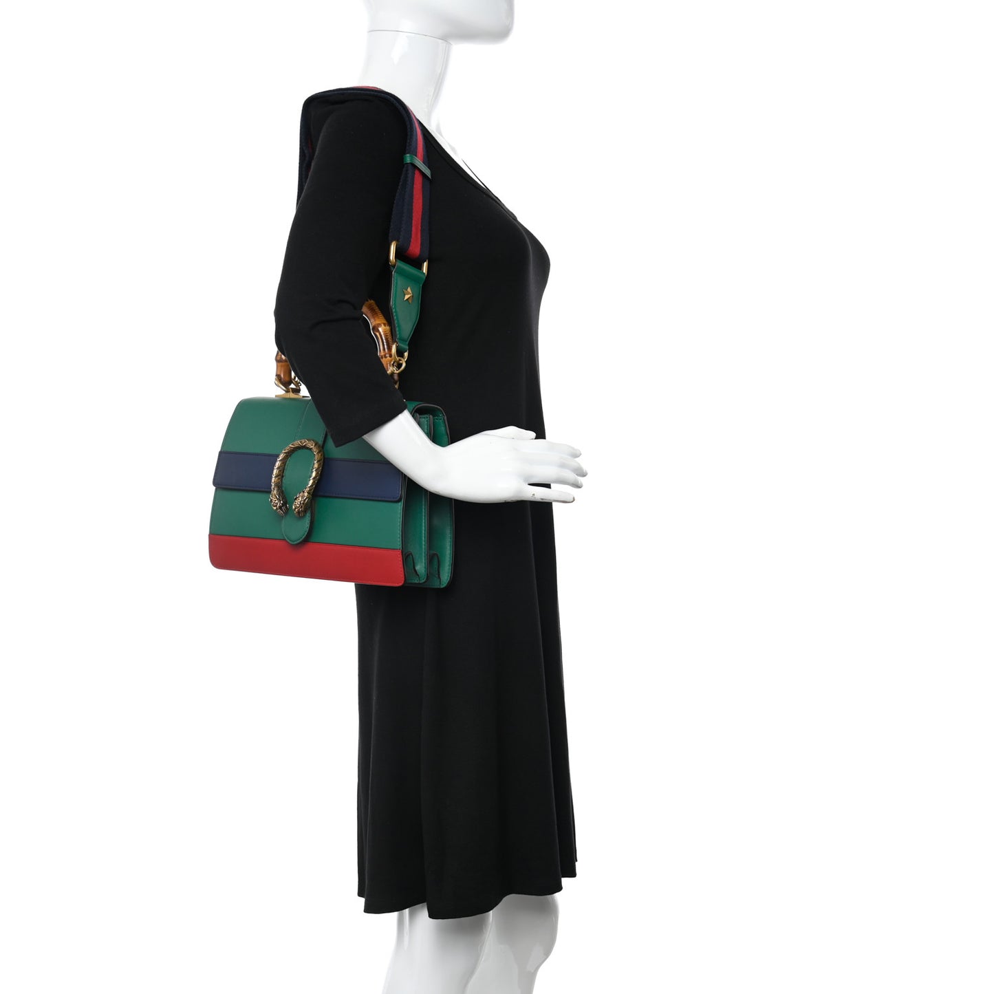 Moon Calfskin Web Medium Dionysus Bamboo Top Handle Bag Emerald Blue Hibiscus Red