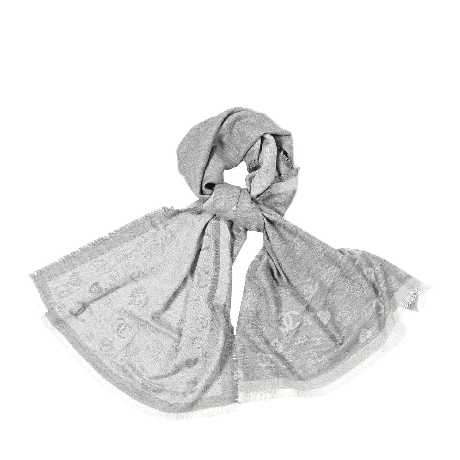 Chanel Cashmere Silk CC Heart Scarf Grey 1 of 9