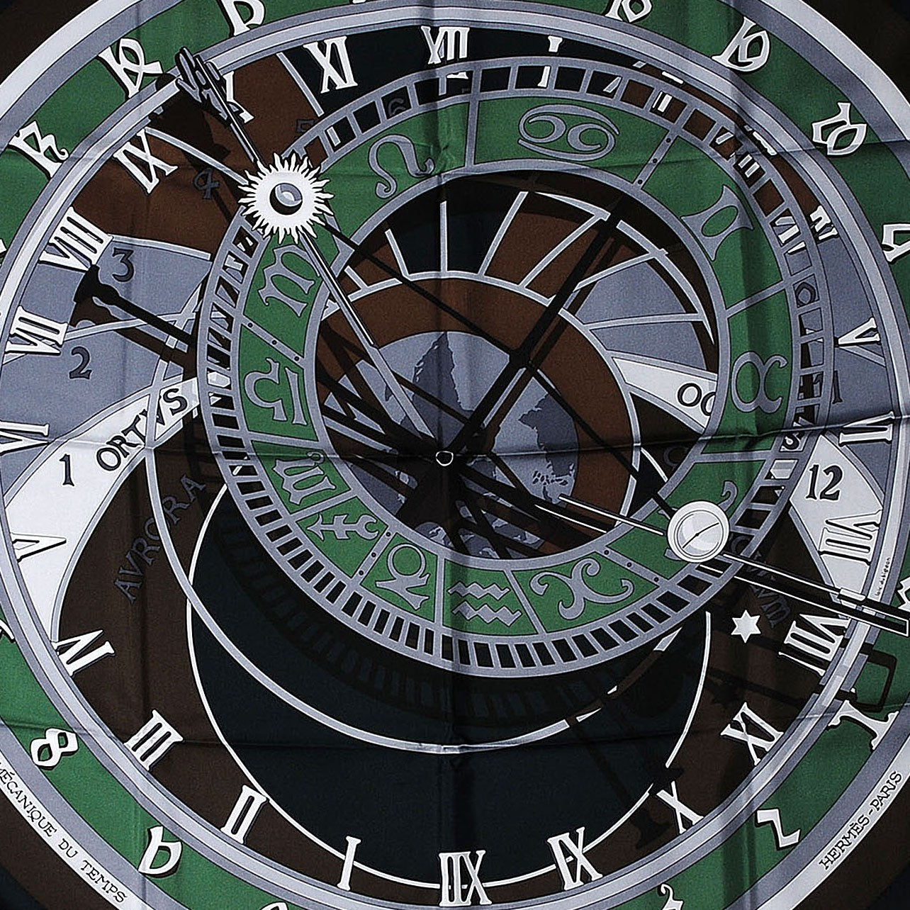 Hermes Silk Mecanique Du Temps Scarf 90 Noir Khaki Gris 1 of 9