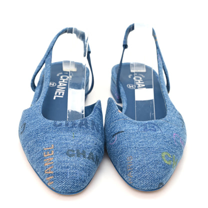 Chanel Denim Printed Denim Mood Cap Toe CC Slingback Flats 37 Light Blue Multicolor 3 of 9