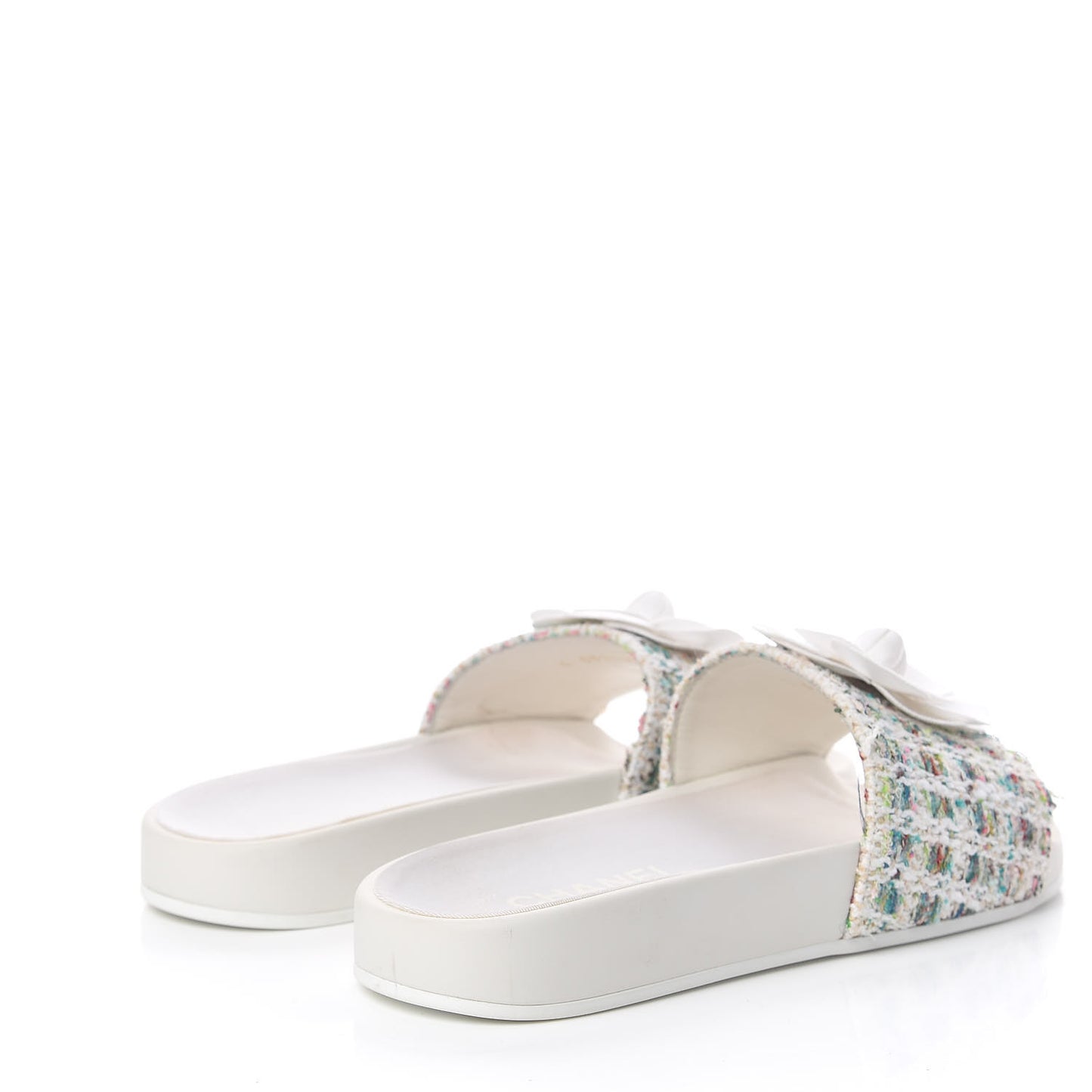 Tweed Grosgrain Camellia Flat Sandals 37 Ivory Ecru Green