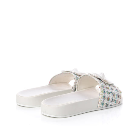 Chanel Tweed Grosgrain Camellia Flat Sandals 37 Ivory Ecru Green 4 of 10