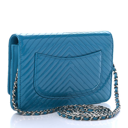 Chanel Patent Calfskin Chevron Quilted Wallet On Chain WOC Blue 2 of 4